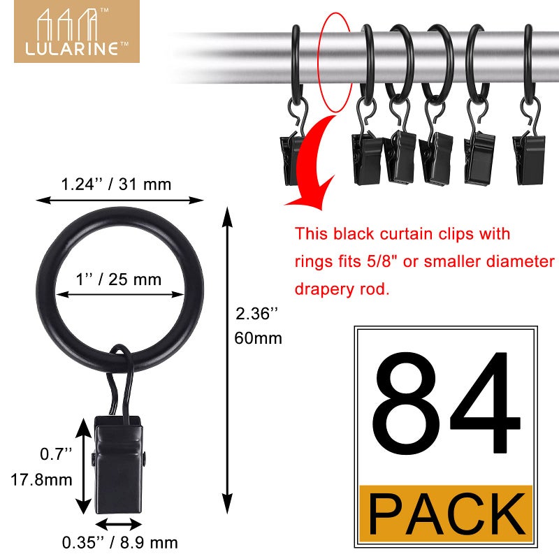 LULARINE 84 Pack Curtain Rod Clip Rings 1"" Interior Diameter(Compatible with up to 5/8"" Curtain Rod) Metal Drapery Ring with Clips Strong Decorative Drapery Window Ring with Hooks Rustproof Vintage(Black) - Image 2
